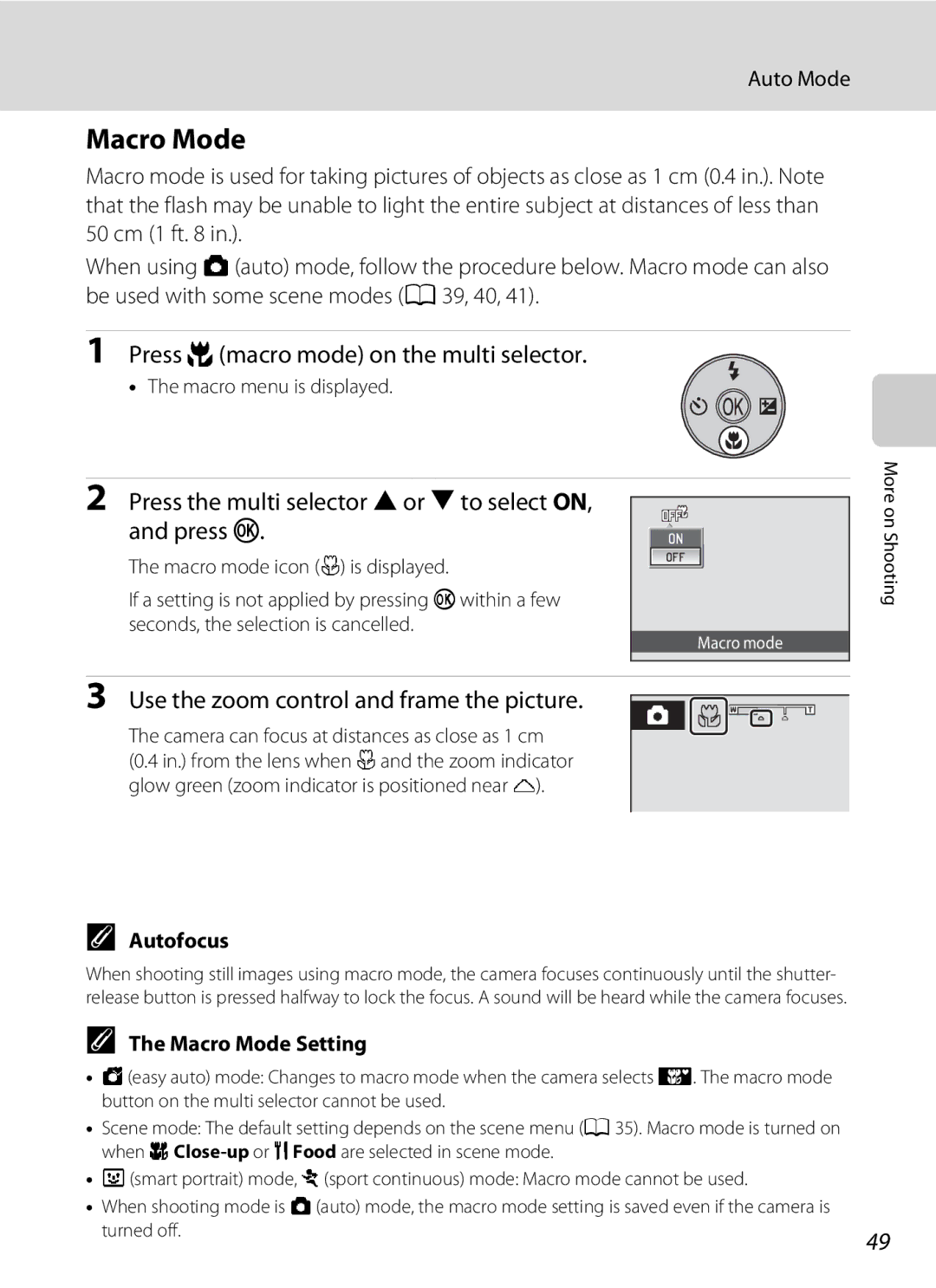 Nikon COOLPIXL110BK Macro Mode, Press p macro mode on the multi selector, Use the zoom control and frame the picture 