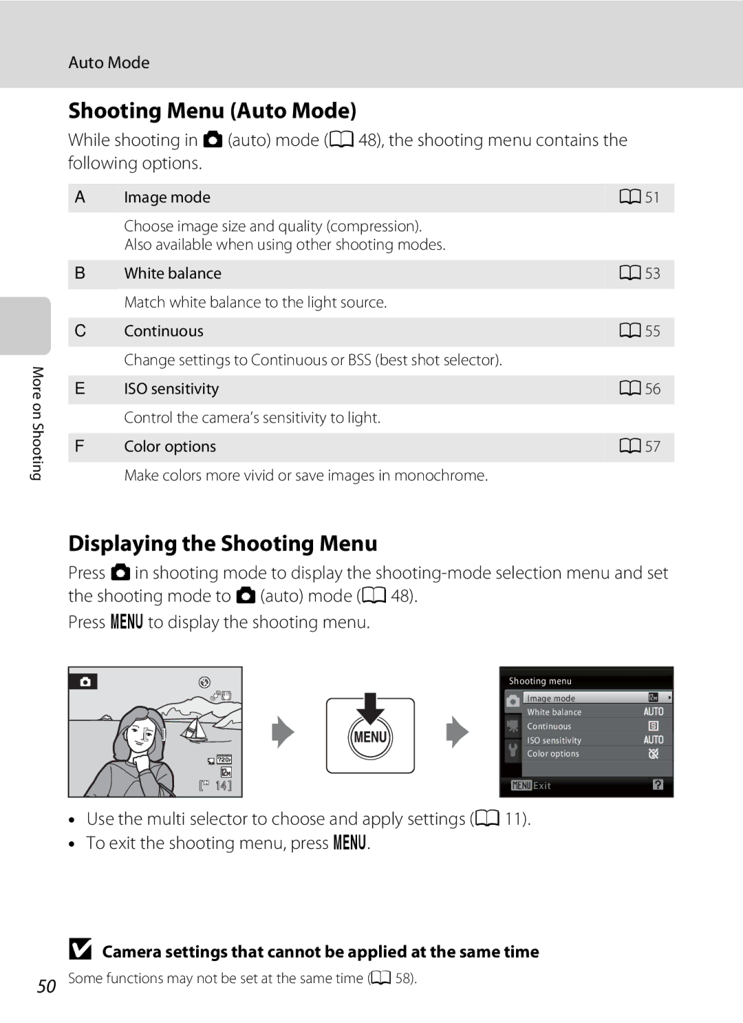 Nikon COOLPIXL110RED, COOLPIXL110BK, Coolpix L110 Shooting Menu Auto Mode, Displaying the Shooting Menu, Continuous 