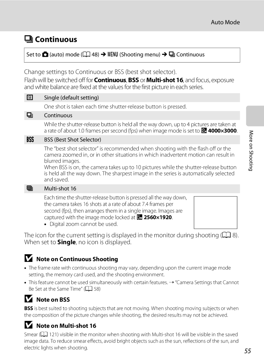 Nikon Coolpix L110, COOLPIXL110BK Change settings to Continuous or BSS best shot selector, Digital zoom cannot be used 