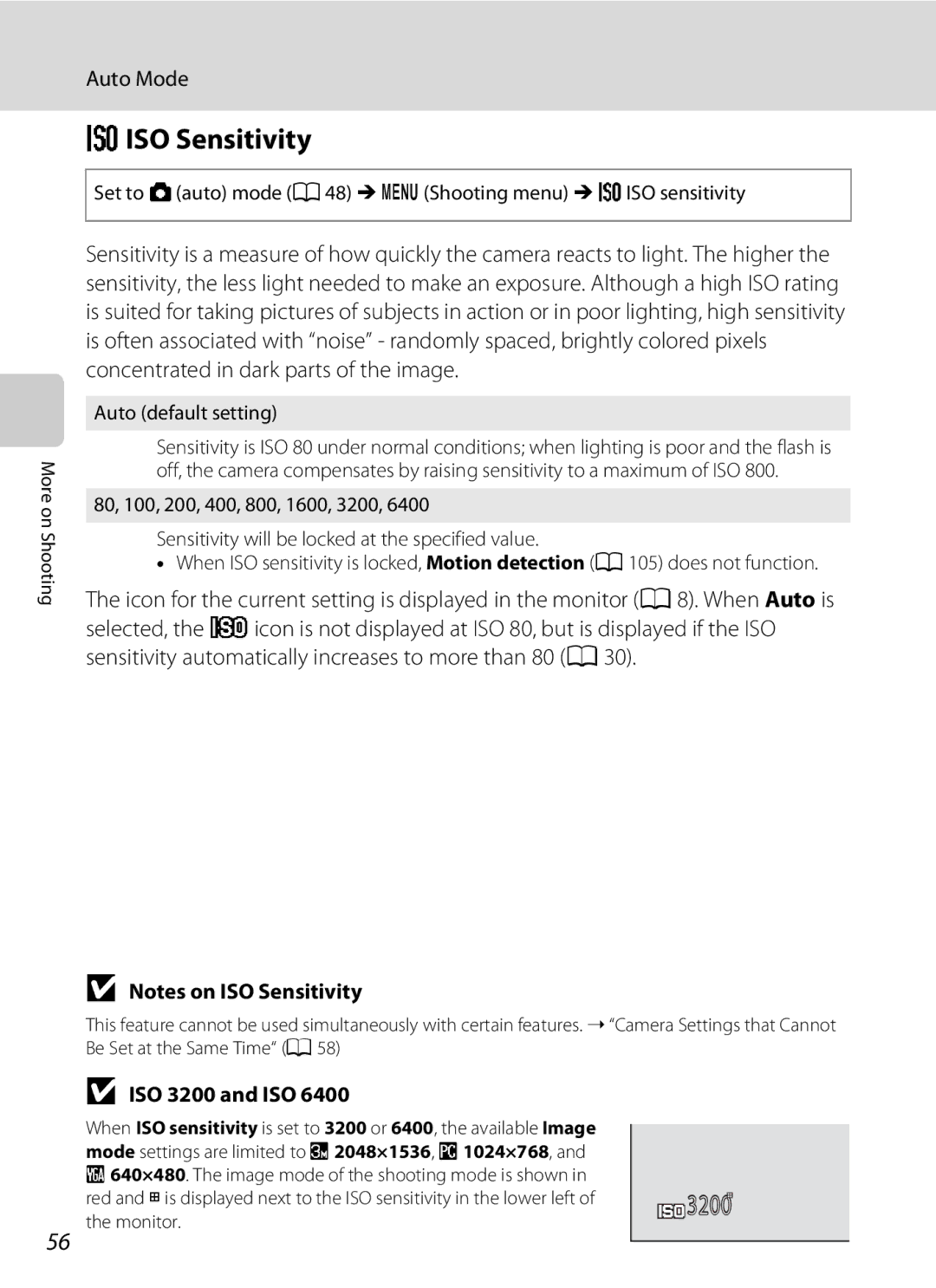 Nikon COOLPIXL110BK Eiso Sensitivity, ISO 3200 and ISO, Set to Aauto mode a 48 M d Shooting menu M Eiso sensitivity 