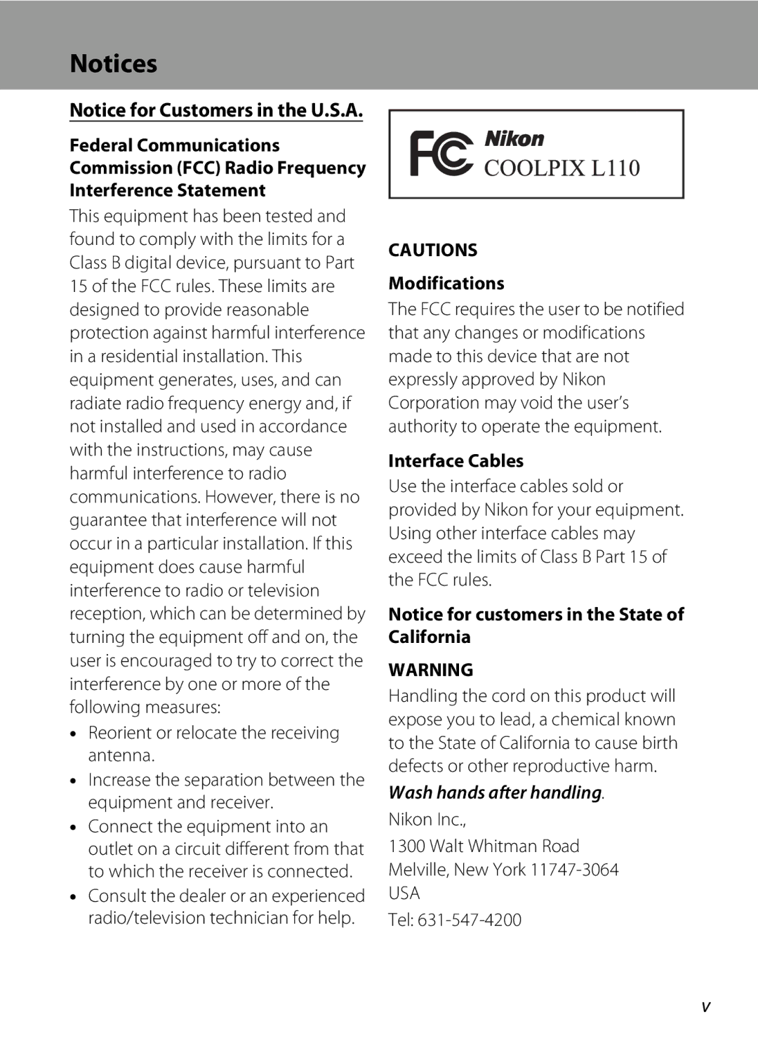 Nikon Coolpix L110, COOLPIXL110BK Federal Communications, Interference Statement, Modifications, Interface Cables 