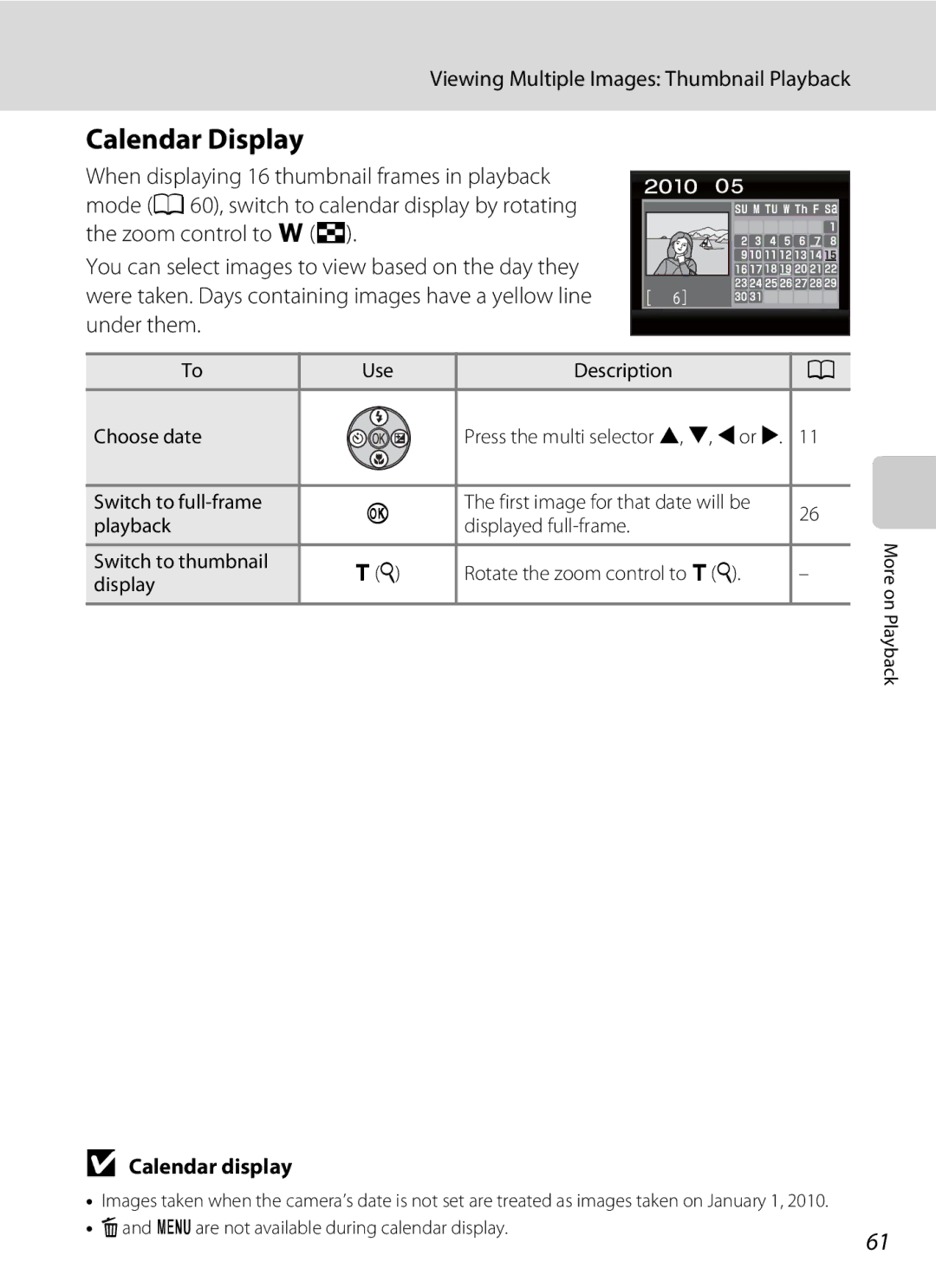 Nikon COOLPIXL110BK Calendar Display, Viewing Multiple Images Thumbnail Playback, Calendar display, Use, Choose date 