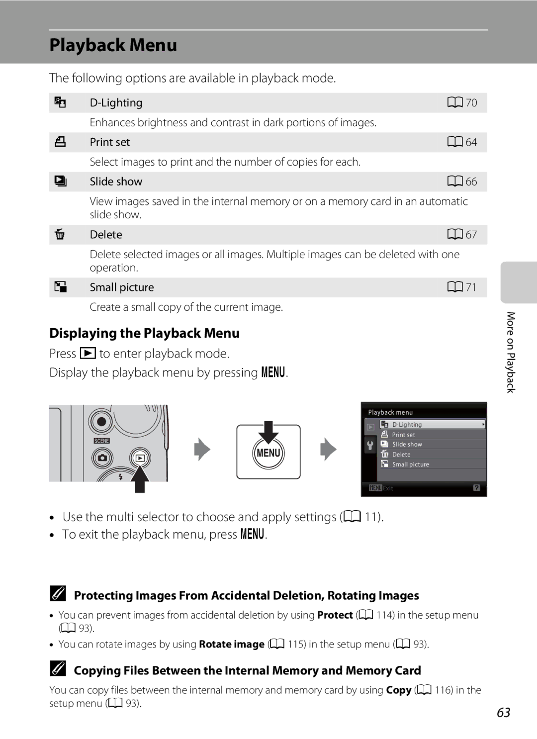 Nikon Coolpix L110, COOLPIXL110BK Displaying the Playback Menu, Following options are available in playback mode 