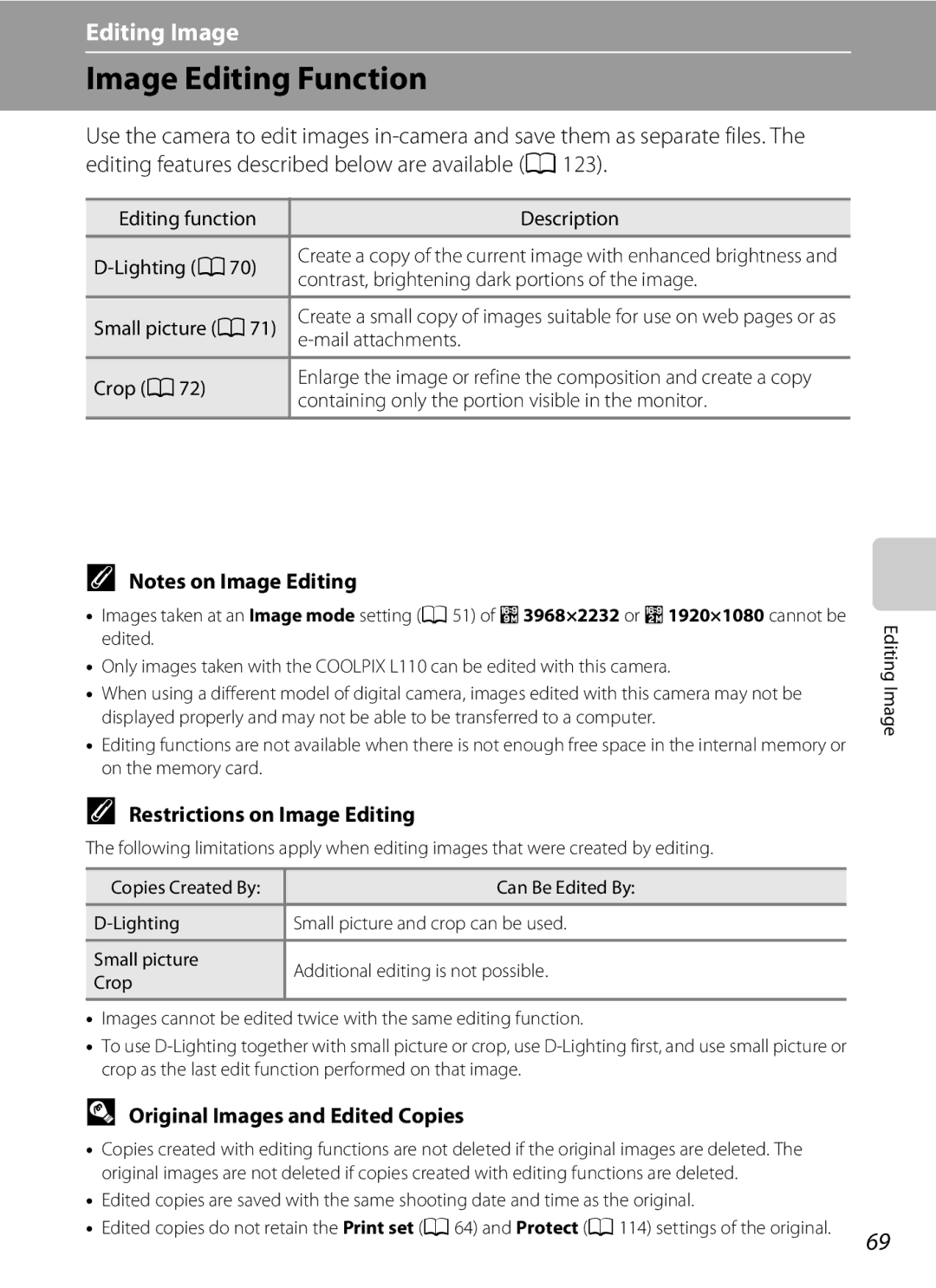 Nikon COOLPIXL110BK, Coolpix L110 Image Editing Function, Restrictions on Image Editing, Original Images and Edited Copies 