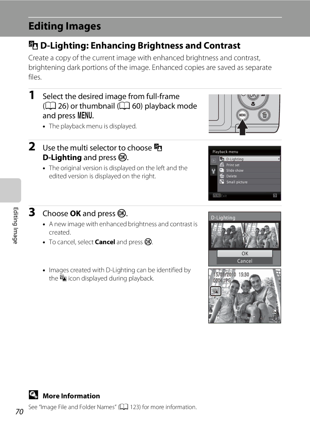 Nikon COOLPIXL110RED Editing Images, ID-Lighting Enhancing Brightness and Contrast, Use the multi selector to choose 