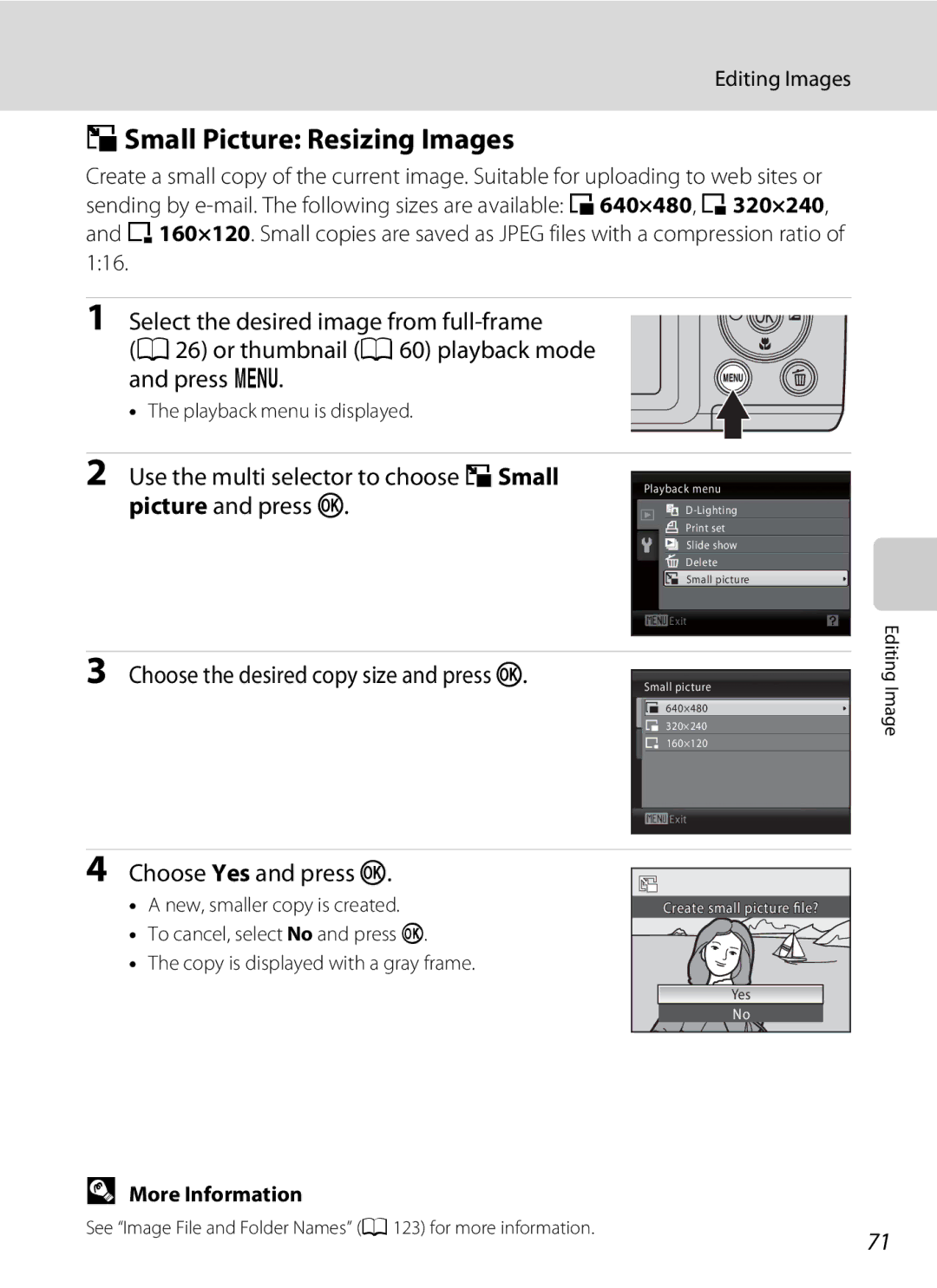 Nikon Coolpix L110 GSmall Picture Resizing Images, Use the multi selector to choose gSmall picture and press k, 116 