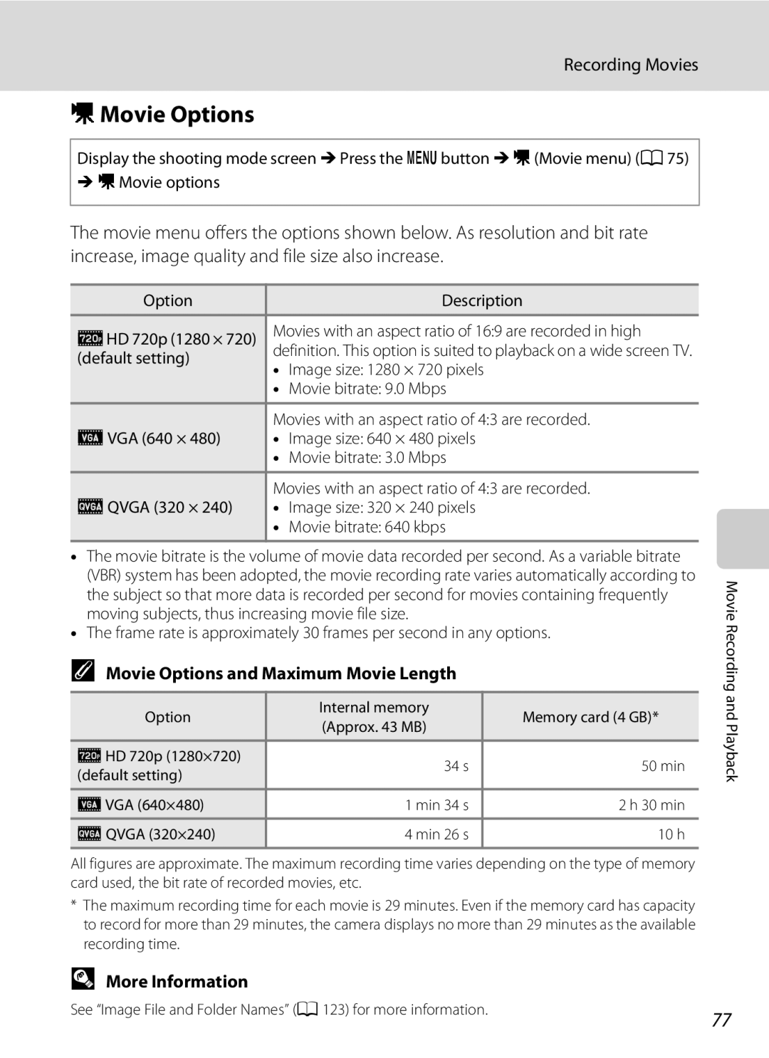 Nikon COOLPIXL110BK, COOLPIXL110RED, Coolpix L110 user manual DMovie Options, Movie Options and Maximum Movie Length 