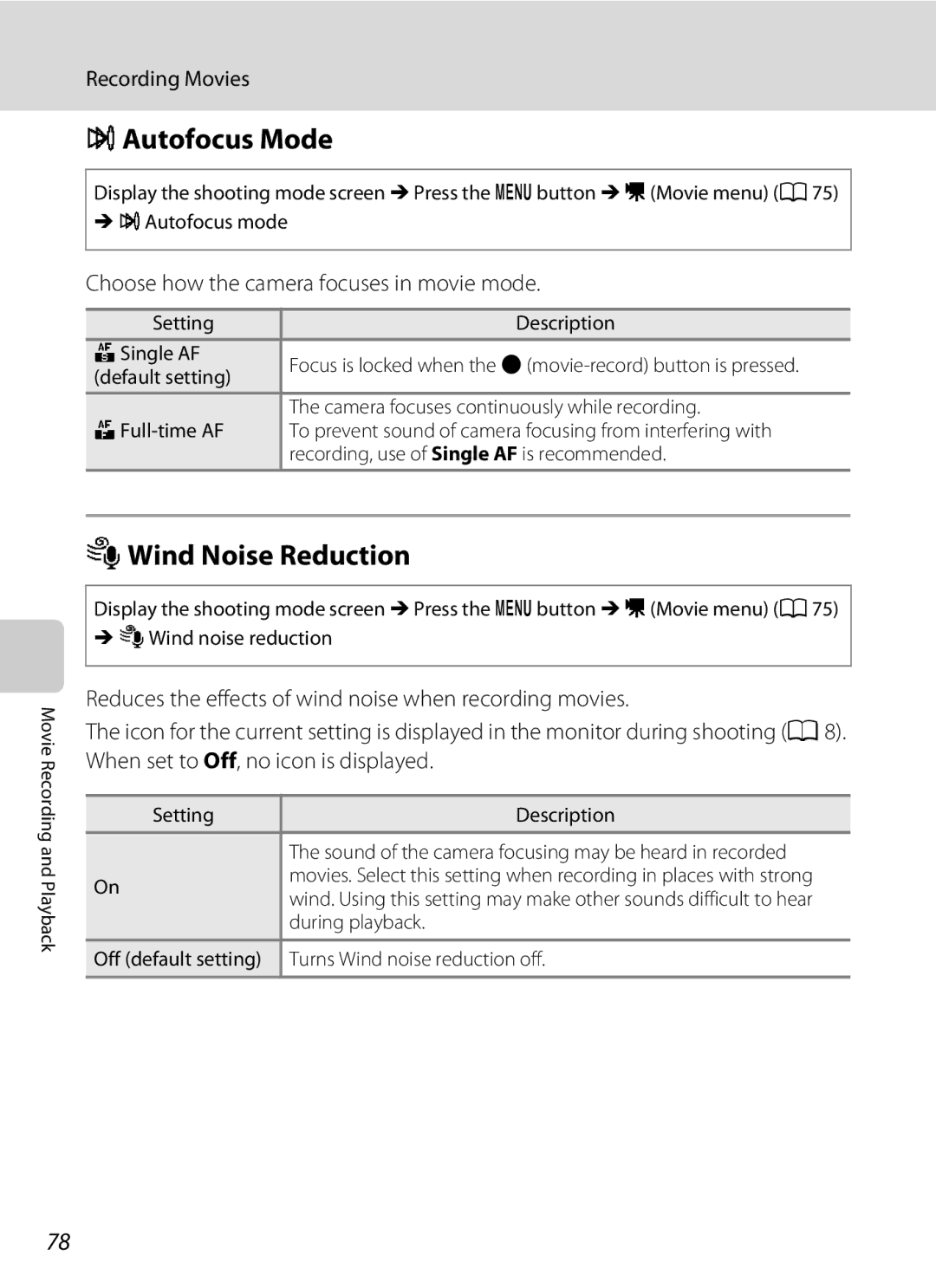 Nikon COOLPIXL110RED, COOLPIXL110BK IAutofocus Mode, YWind Noise Reduction, Choose how the camera focuses in movie mode 