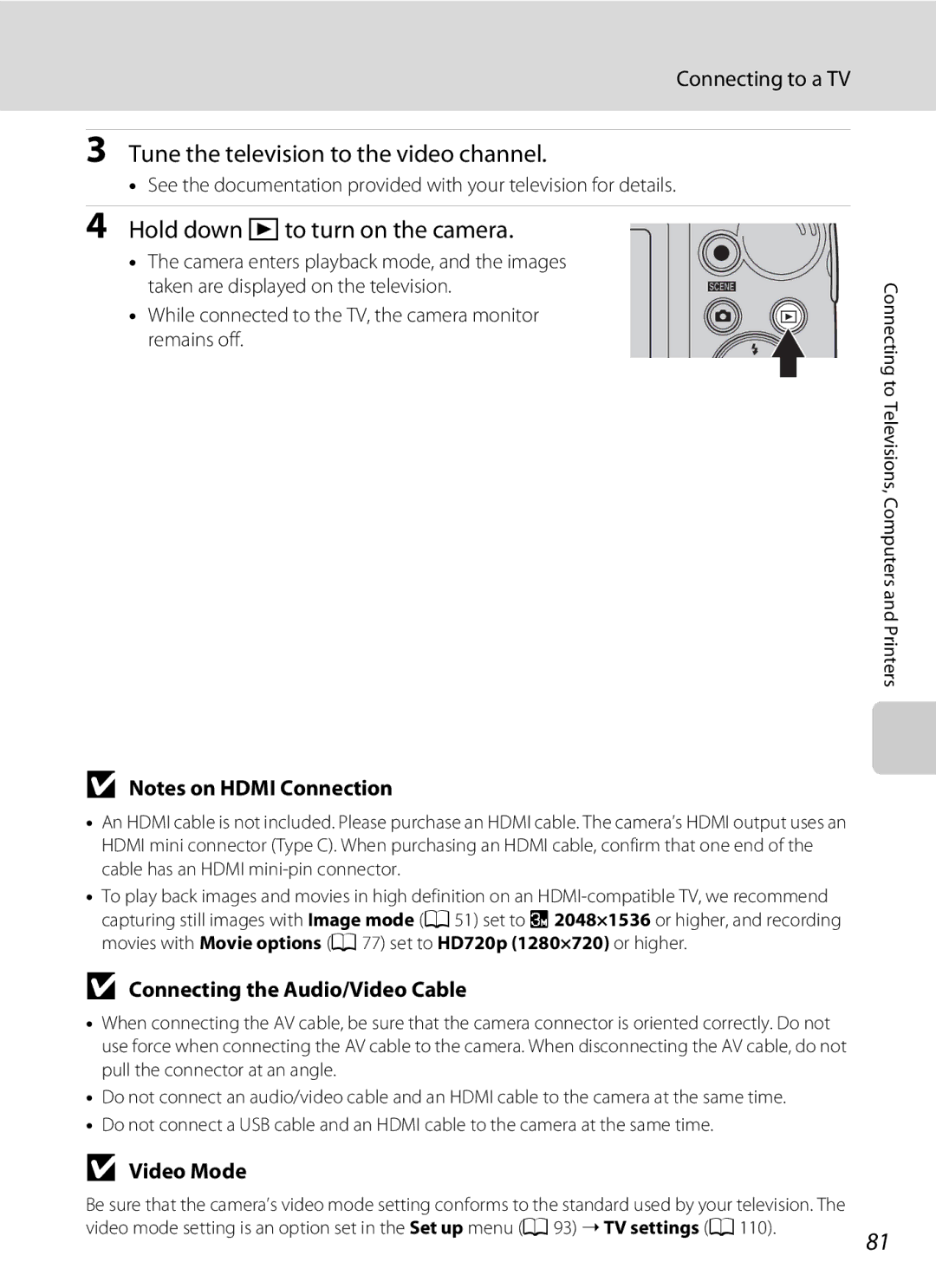 Nikon COOLPIXL110BK Tune the television to the video channel, Hold down cto turn on the camera, Connecting to a TV 