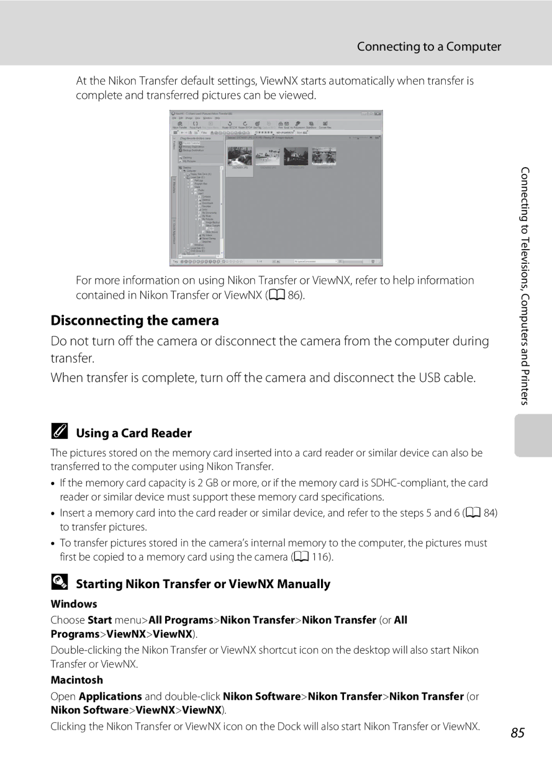 Nikon COOLPIXL110BK user manual Disconnecting the camera, Using a Card Reader, Starting Nikon Transfer or ViewNX Manually 