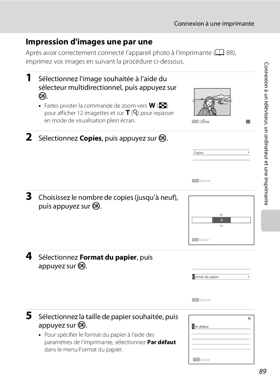 Nikon L110 Impression dimages une par une, Sélectionnez limage souhaitée à l’aide du, Sélectionnez Format du papier, puis 