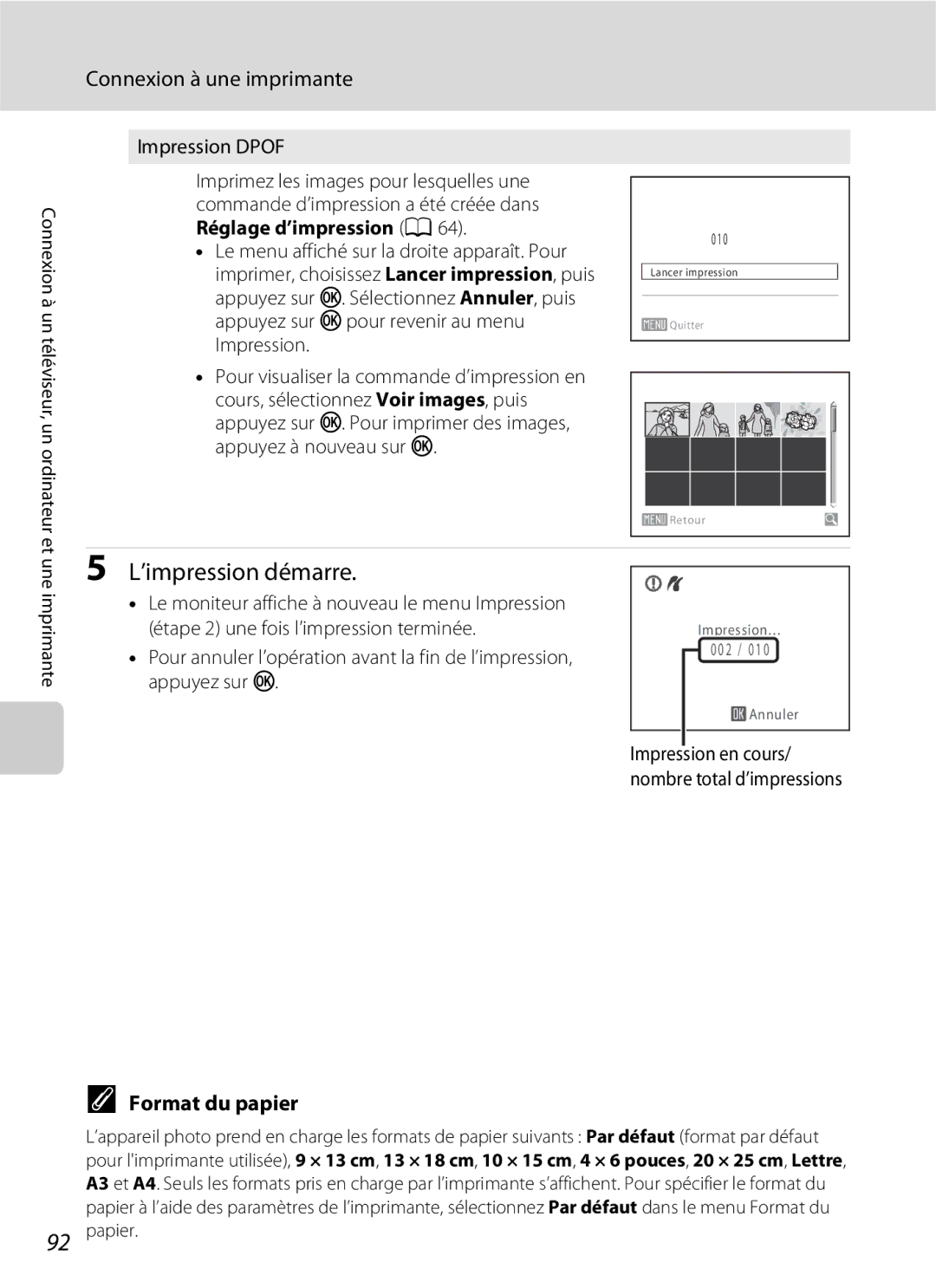 Nikon L110 manuel dutilisation Format du papier, Impression Dpof 