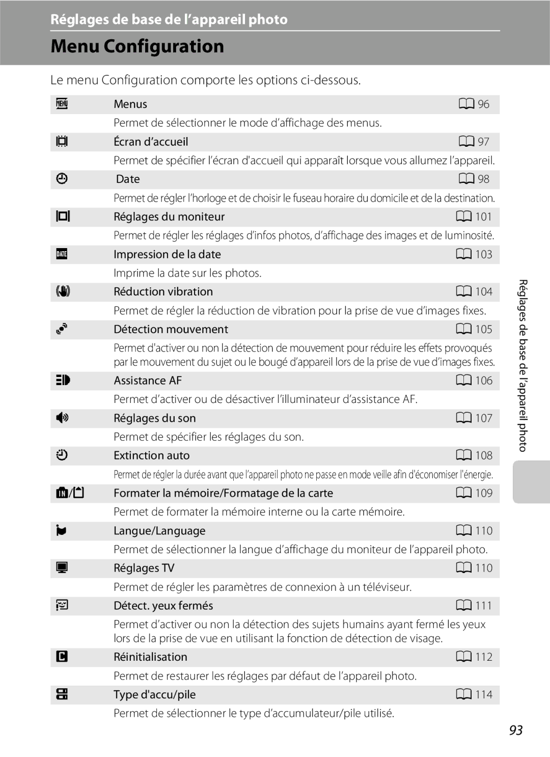 Nikon L110 manuel dutilisation Menu Configuration, Le menu Configuration comporte les options ci-dessous 