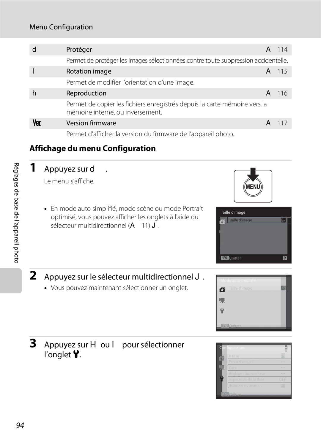 Nikon L110 Affichage du menu Configuration, Appuyez sur H ou I pour sélectionner l’onglet z, Menu Configuration 