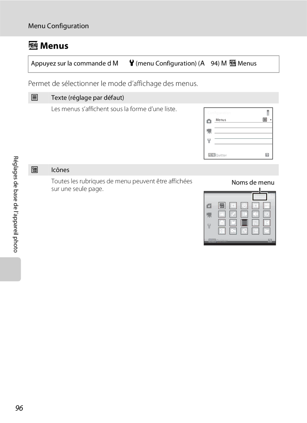 Nikon L110 manuel dutilisation Menus, Icônes Toutes les rubriques de menu peuvent être affichées, Sur une seule 