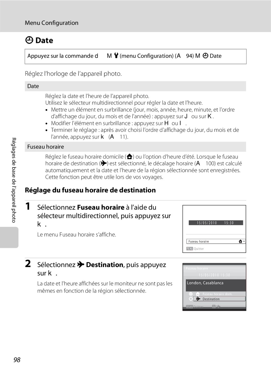 Nikon L110 Date, Réglage du fuseau horaire de destination, Sélectionnez x Destination, puis appuyez sur k 