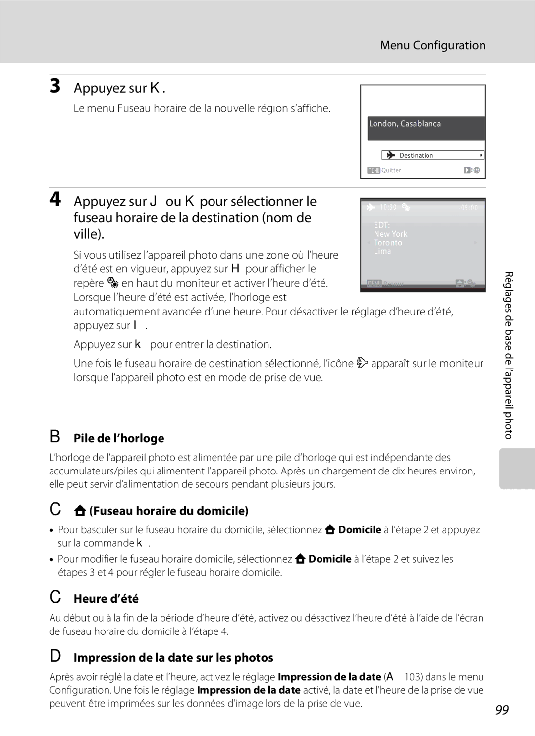 Nikon L110 manuel dutilisation Pile de l’horloge, WFuseau horaire du domicile, Impression de la date sur les photos 