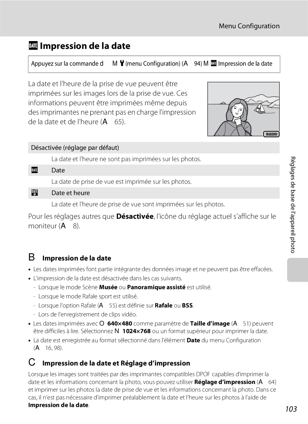 Nikon L110 manuel dutilisation FImpression de la date, 103, Moniteur a, Impression de la date et Réglage d’impression 