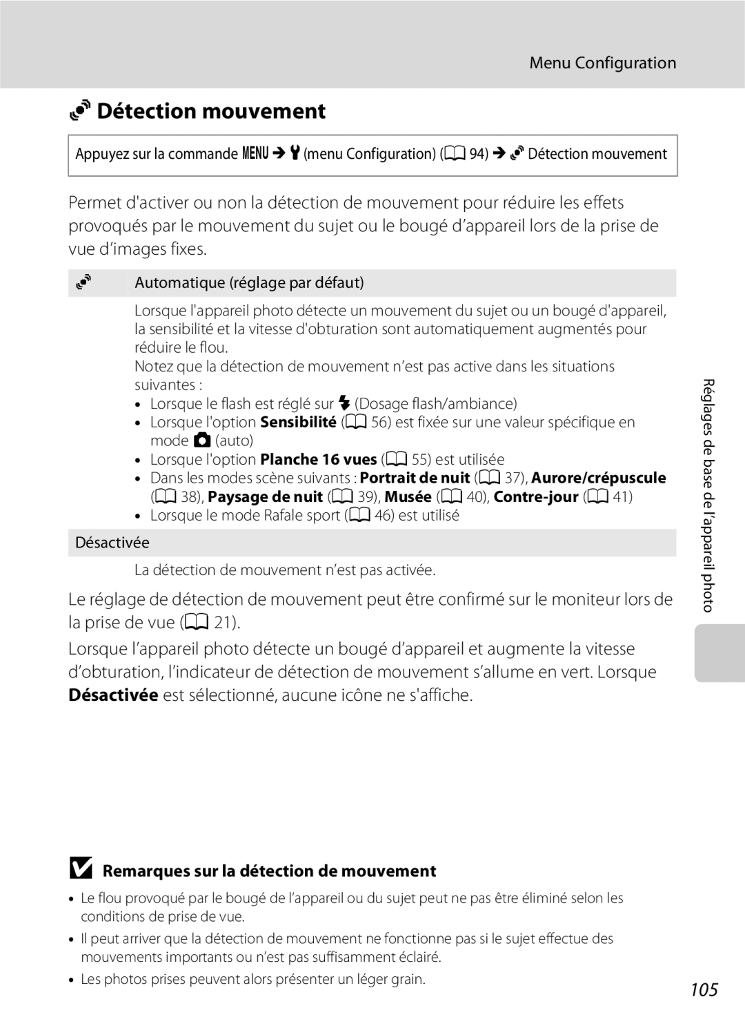 Nikon L110 manuel dutilisation Détection mouvement, 105, Remarques sur la détection de mouvement 