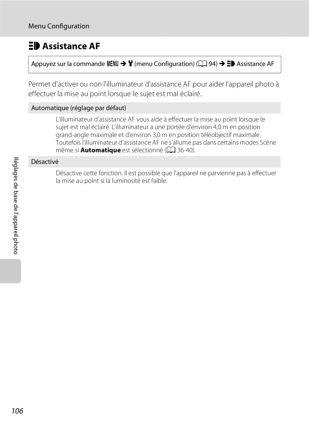Nikon L110 manuel dutilisation HAssistance AF, 106 