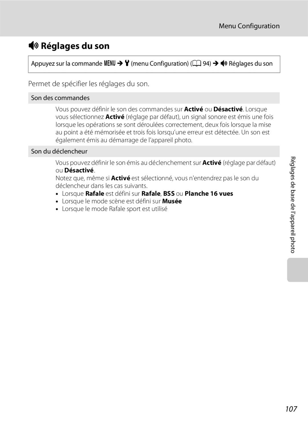 Nikon L110 manuel dutilisation IRéglages du son, 107, Permet de spécifier les réglages du son, Son des commandes 