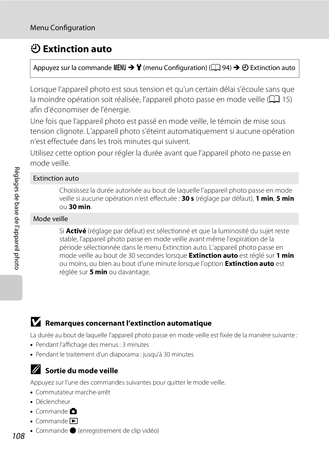 Nikon L110 manuel dutilisation KExtinction auto, 108, Remarques concernant l’extinction automatique, Sortie du mode veille 