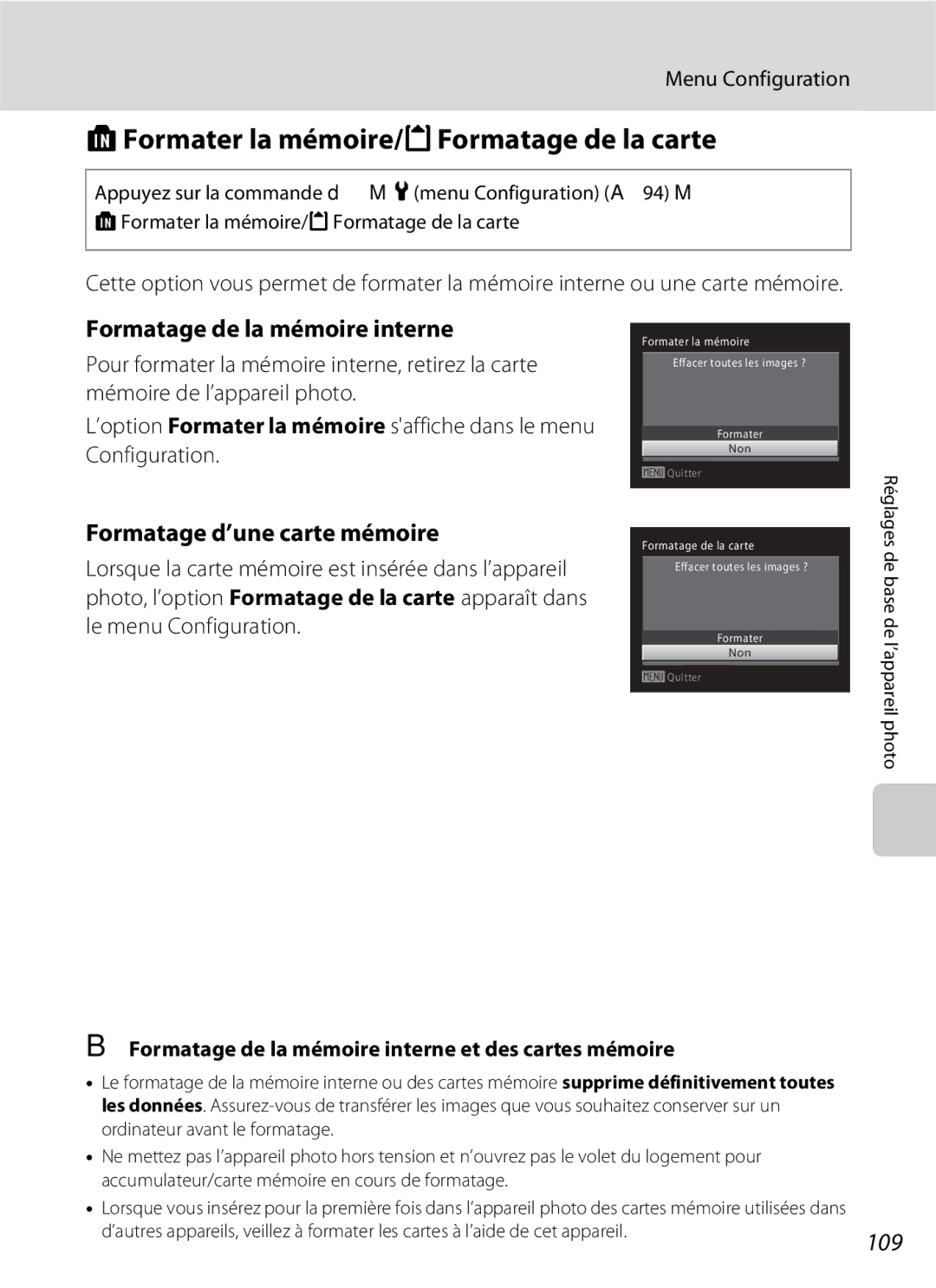 Nikon L110 LFormater la mémoire/mFormatage de la carte, Formatage de la mémoire interne, Formatage d’une carte mémoire 