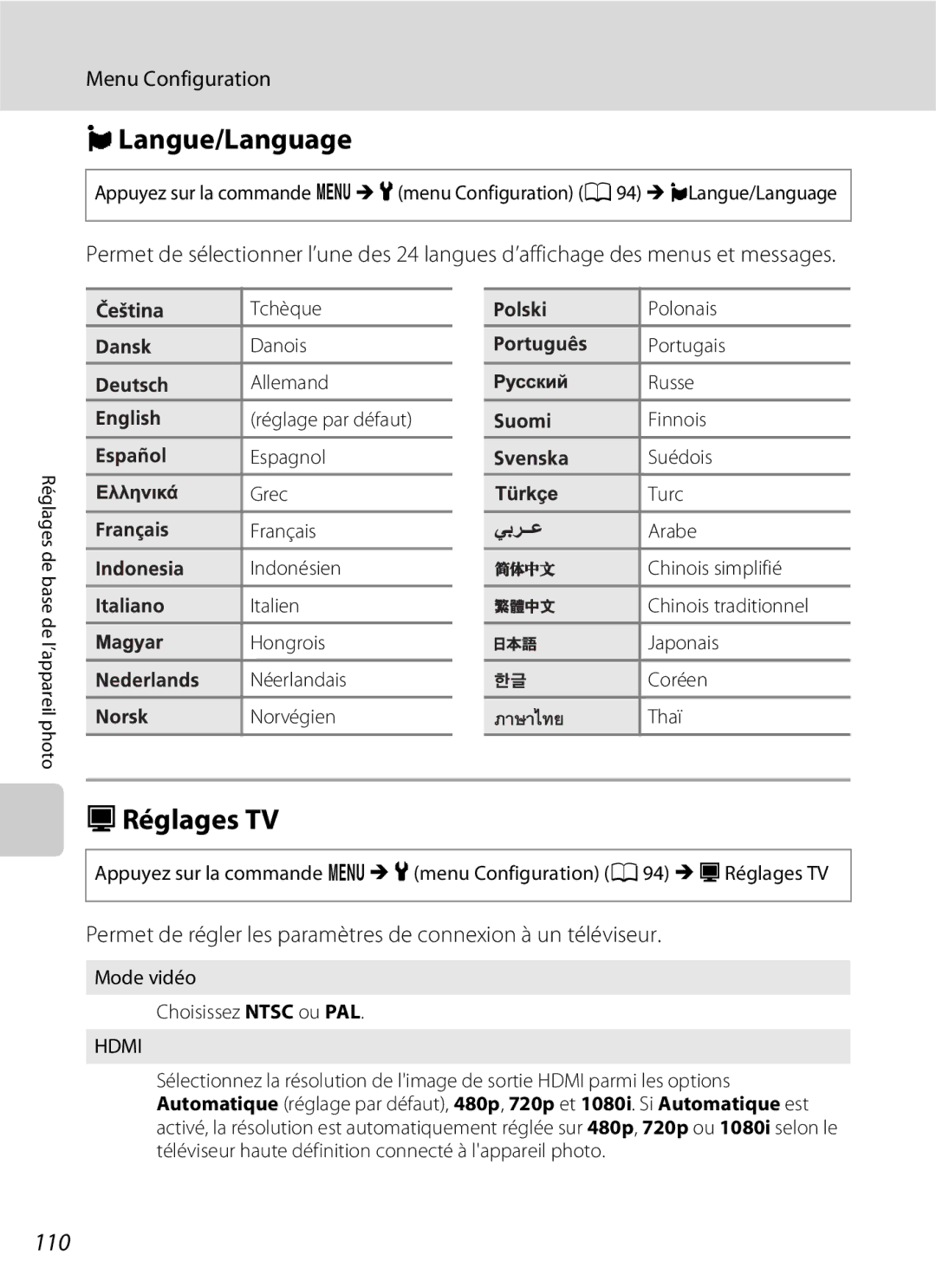 Nikon L110 manuel dutilisation Langue/Language, HRéglages TV, Mode vidéo Choisissez Ntsc ou PAL 