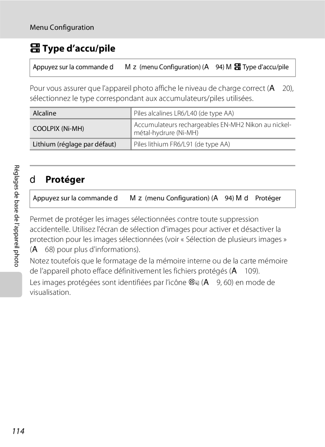 Nikon L110 manuel dutilisation SType d’accu/pile, Protéger, 114 