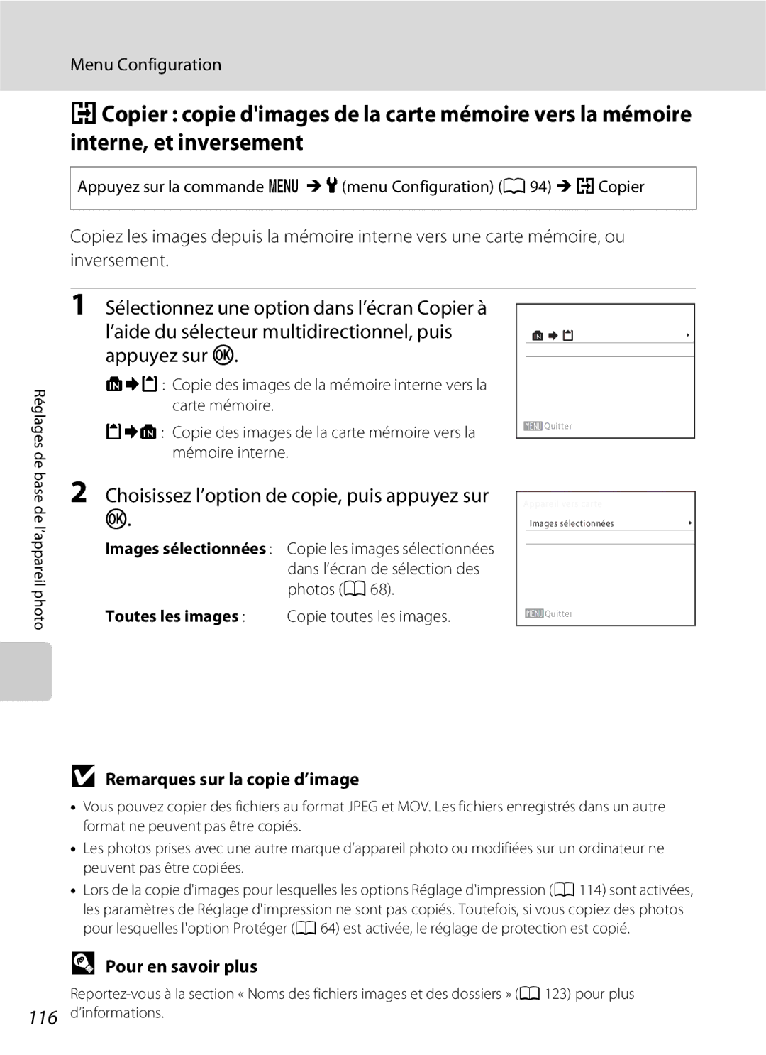 Nikon L110 ’aide du sélecteur multidirectionnel, puis appuyez sur k, Choisissez l’option de copie, puis appuyez sur k 