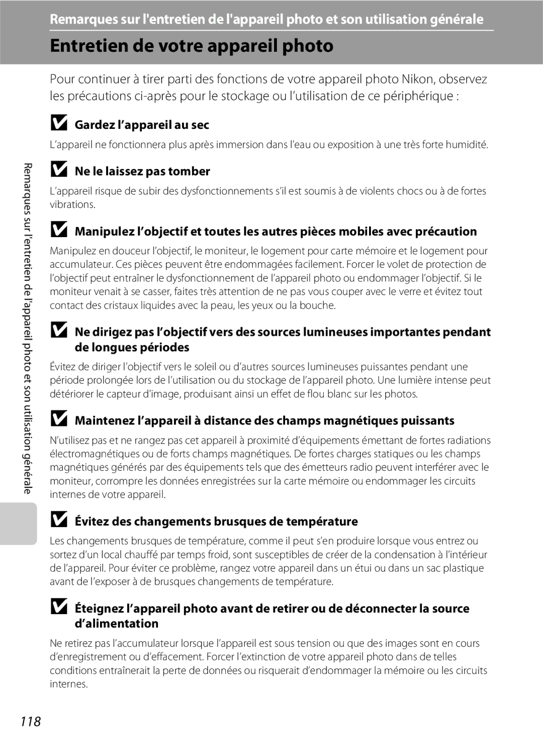 Nikon L110 manuel dutilisation Entretien de votre appareil photo, 118, Gardez l’appareil au sec, Ne le laissez pas tomber 