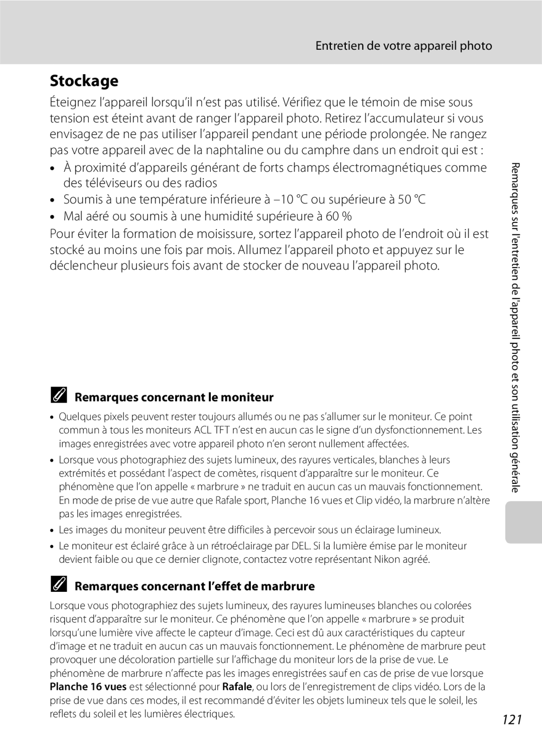 Nikon L110 manuel dutilisation Stockage, 121, Remarques concernant le moniteur, Remarques concernant l’effet de marbrure 