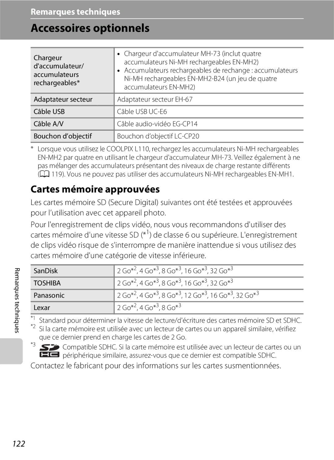 Nikon L110 manuel dutilisation Accessoires optionnels, Cartes mémoire approuvées, 122 