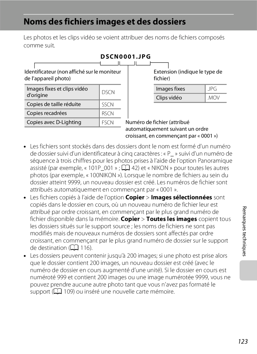 Nikon L110 manuel dutilisation Noms des fichiers images et des dossiers, 123, DSCN0001 . JPG 