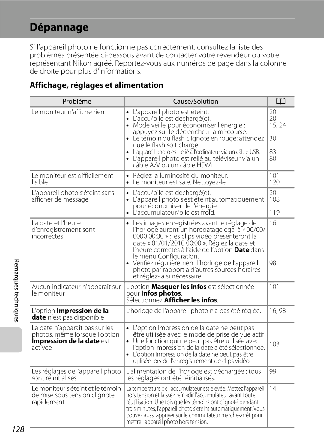 Nikon L110 manuel dutilisation Dépannage, 128, Affichage, réglages et alimentation, Impression de la date est 