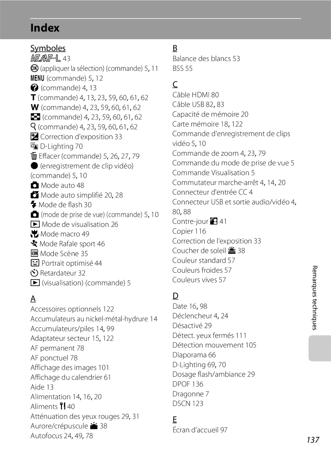 Nikon L110 manuel dutilisation Index, Symboles, 137, Commande 4, Couleurs vives Désactivé 