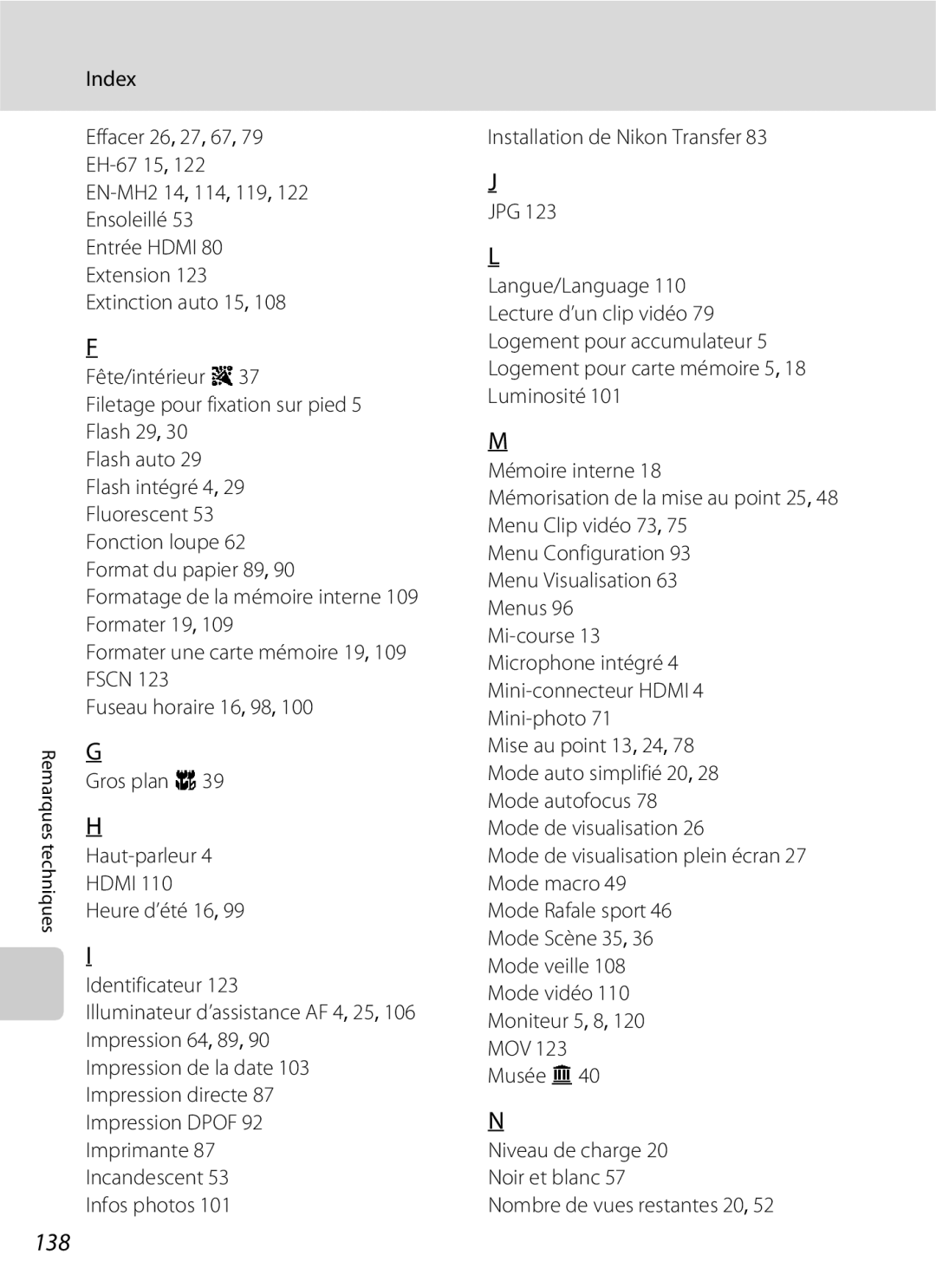 Nikon L110 manuel dutilisation 138, Index 