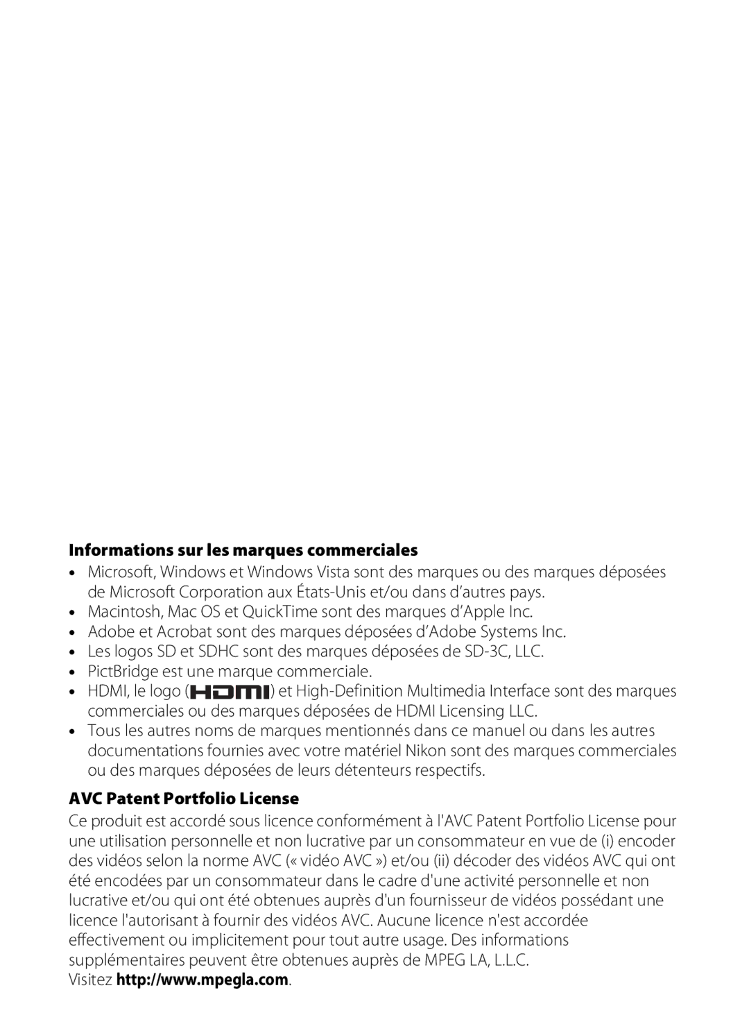 Nikon L110 manuel dutilisation Informations sur les marques commerciales, AVC Patent Portfolio License 