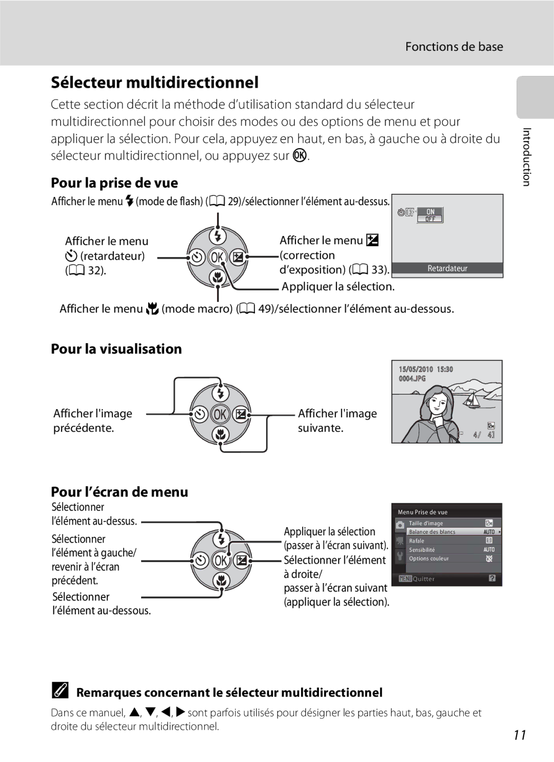 Nikon L110 Sélecteur multidirectionnel, Pour la prise de vue, Pour la visualisation, Pour l’écran de menu 