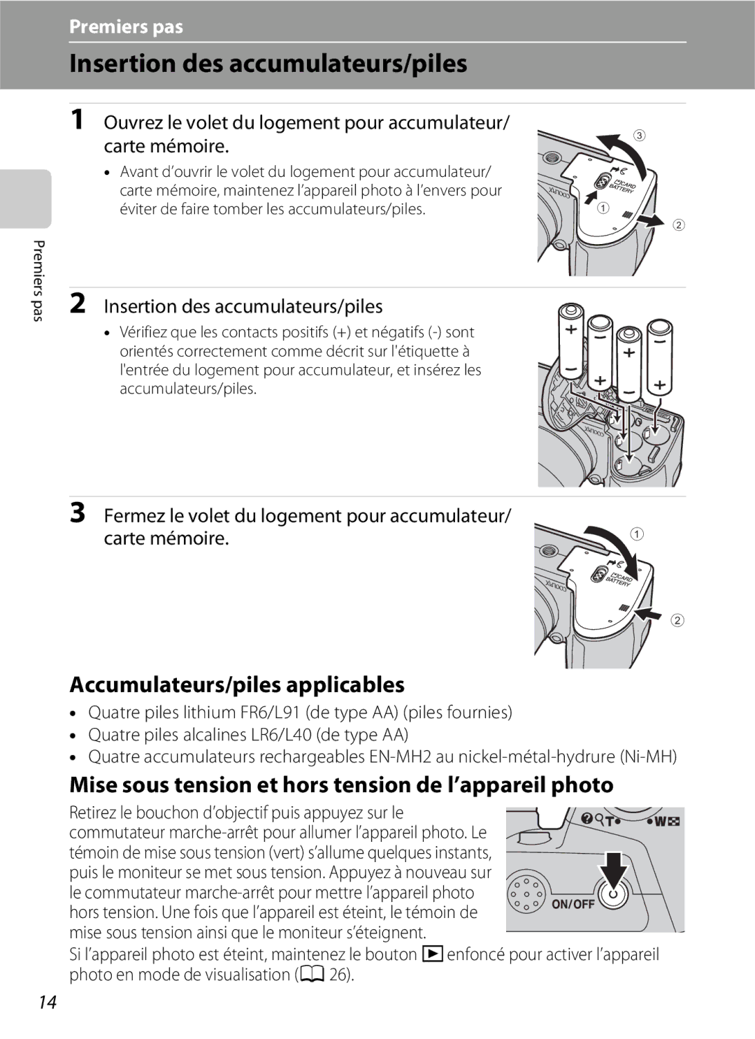 Nikon L110 manuel dutilisation Insertion des accumulateurs/piles, Accumulateurs/piles applicables 