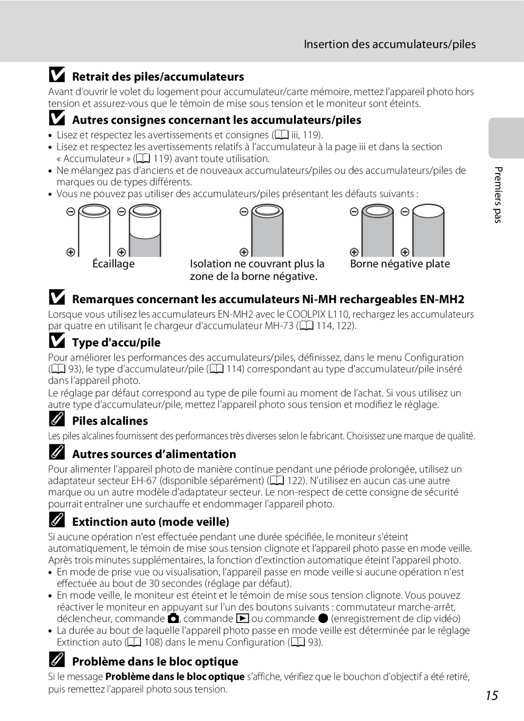 Nikon L110 Retrait des piles/accumulateurs, Autres consignes concernant les accumulateurs/piles, Type daccu/pile 