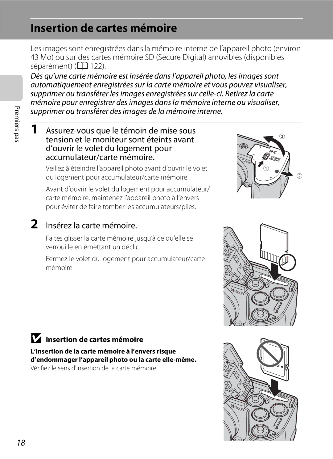 Nikon L110 manuel dutilisation Insertion de cartes mémoire, Insérez la carte mémoire 