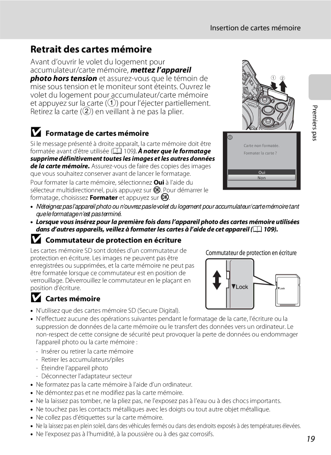 Nikon L110 manuel dutilisation Retrait des cartes mémoire, Insertion de cartes mémoire, Formatage de cartes mémoire 