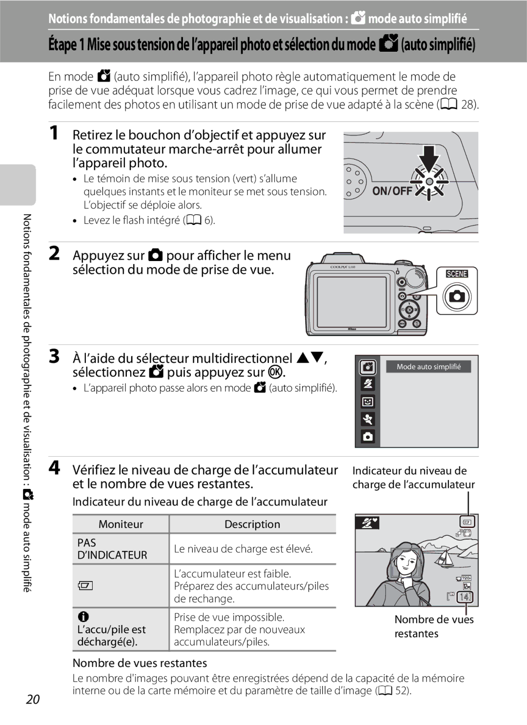 Nikon L110 Nombre de vues restantes, ’appareil photo passe alors en mode Gauto simplifié, Moniteur Description 