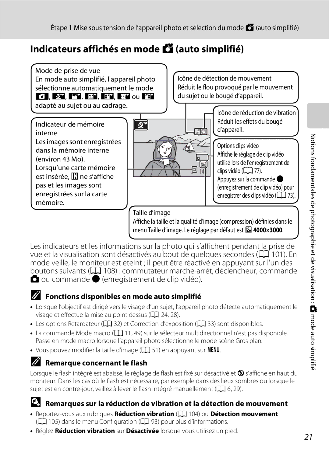 Nikon L110 manuel dutilisation Indicateurs affichés en mode Gauto simplifié, Fonctions disponibles en mode auto simplifié 