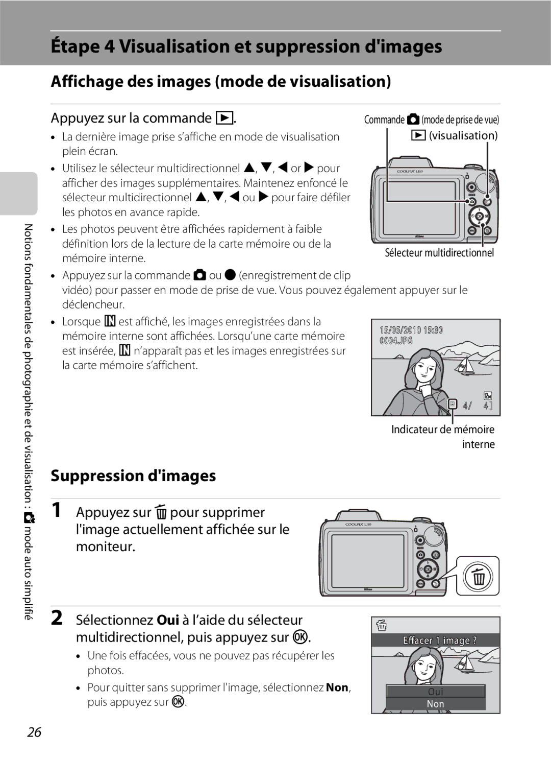 Nikon L110 Étape 4 Visualisation et suppression dimages, Affichage des images mode de visualisation, Suppression dimages 