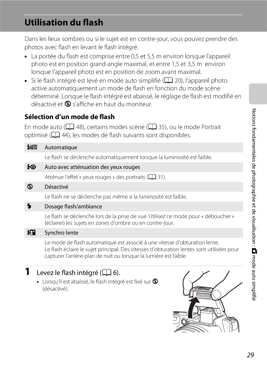 Nikon L110 manuel dutilisation Utilisation du flash, Sélection d’un mode de flash, Levez le flash intégré A6 