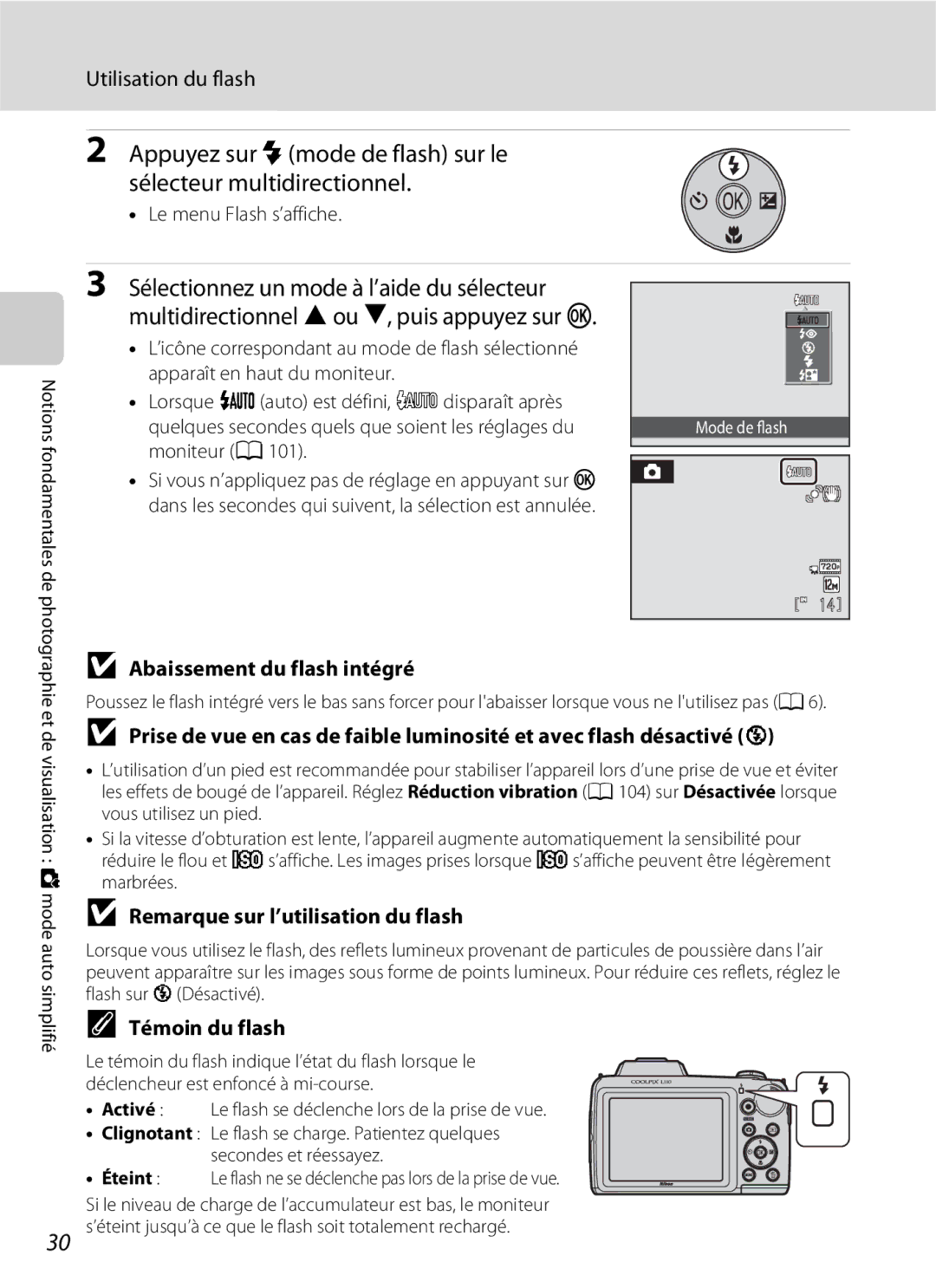 Nikon L110 Utilisation du flash, Abaissement du flash intégré, Remarque sur l’utilisation du flash, Témoin du flash 