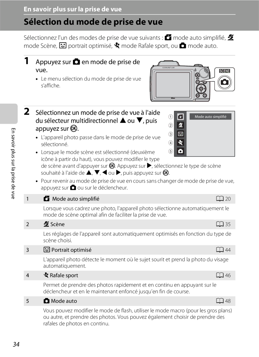 Nikon L110 manuel dutilisation Sélection du mode de prise de vue, Appuyez sur Aen mode de prise de vue 