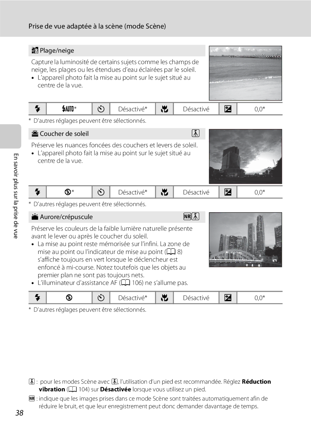 Nikon L110 manuel dutilisation Plage/neige, HCoucher de soleil, IAurore/crépuscule 